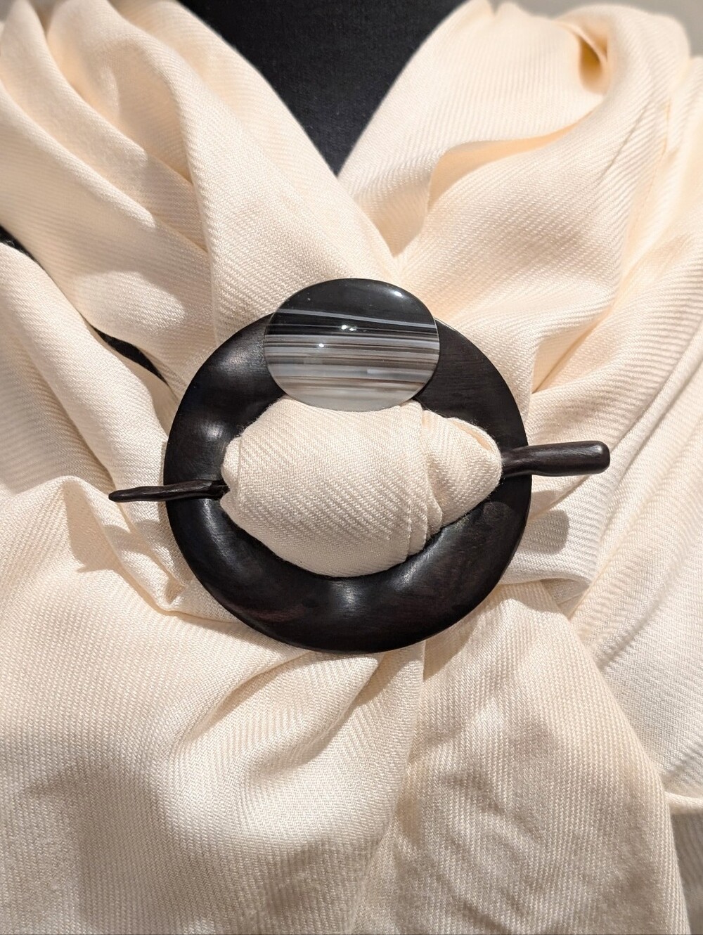 Elegant Genuine Agate Stone And Wood 3.5" Scarf Shawl Pin